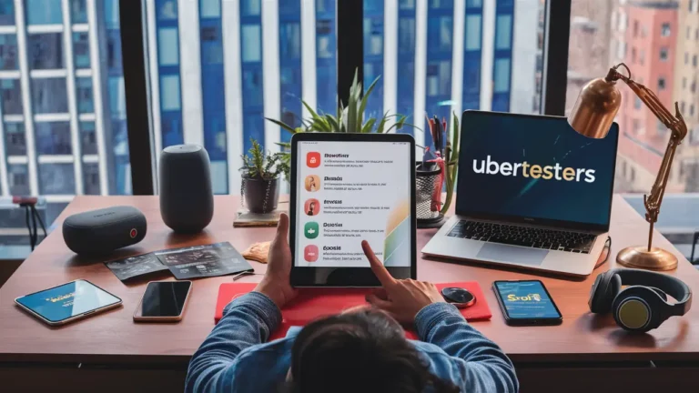 Pessoa em escritório moderno usando um tablet com avaliações de apps e logo da Ubertesters no laptop.